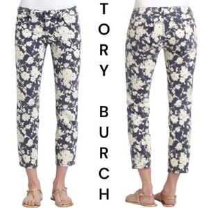 TORY BURCH Jeans Floral Alexa Cropped Skinny Stretch 5-Pocket Navy White Size 27